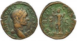 ALEJANDRO SEVERO. Sestercio. Roma (228). R/ Virtus a izq. con lanza y parazonium pisando proa; P M TR P VII COS II P P, S-C. RIC-477. Defectos de cospel. MBC-.