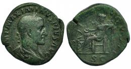 MAXIMINO I. Sestercio. Roma (235-236). R/ Salus sentada a izq. con pátera, delante serpiente sobre altar; (SALVS) AVGVSTI, S C. RIC-64. Cospel abierto. Pátina verde. BC+.