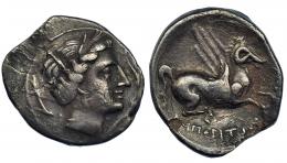 EMPORION. Dracma. A/ Cabeza femenina con tocado vegetal a der. rodeada de tres delfines esquemáticos. R/ Pegaso con cabeza modificada a der.; debajo ley. griega (E)MPORITO(N). AR 4,39 g. CNH-36. I-1108. ACIP-186. . Defectos de metal. MBC. Rara. Ex col. Cervera, ex HSA 12413.