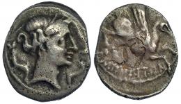 EMPORION. Dracma. A/ Cabeza femenina con tocado vegetal a der. rodeada de tres delfines. R/ Pegaso con cabeza modificada a der.; debajo ley. griega EMPORITON. AR 4,20 g. CNH-36. I-1108. ACIP-224. Rev. algo descentrado. MBC/MBC-. Muy escasa. Ex HSA 12423.