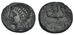 ILTURO. Unidad. A/ Cabeza masculina laureada a izq. R/ Jinete lancero a der., debajo ley. ibérica ILTuRO. CNH-8. I-1442. ACIP-1341. Erosiones en anv. Pátina oscura. MBC/BC+. Escasa.