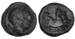 ILTIRKESKEN. Cuadrante. A/ Cabeza masculina con collar a der., detrás 3 glóbulos. R/ Medio Pegaso a der., debajo ley. ibérica ILTiRKeSKeN. CNH-3. I-1451. ACIP-1387. Pátina oscura con erosiones. BC+. Muy rara.