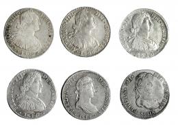 Lote 6 monedas de 8 reales: 1802, 1806, 1810, 1811 y 1814 México y 1818 Zacatecas. De BC+ a EBC-.
