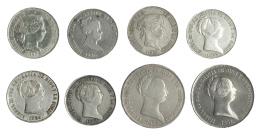 Lote 8 piezas: 10 reales (4), un escudo (2) y 20 reales (2).  De BC+ a MBC+.