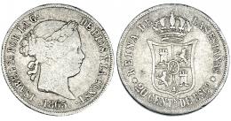 20 céntimos de escudo. 1865. Sevilla. VI-351. Golpecito en rev. BC+. Muy escasa.