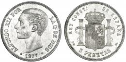 5 pesetas. 1877 *18-77. Madrid. DEM. VII-83. Pequeñas marcas. EBC.