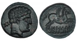 BOLSKAN. Mitad. A/ Cabeza masculina a der., detrás signo ibérico Bo. R/ Pegaso a der., debajo sobre línea ley. ibérica BoLSKaN. CNH-5. I-1921. ACIP-1416. Pátina oscura con tonos rojos. MBC+. Rara.