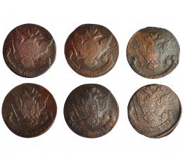 436  -  RUSIA. Lote de 6 monedas de 5 kopeks: 1760, 1761, 1770, 1771, 1772 y 1779. BC+/MBC-.