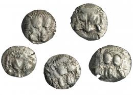 LICIA. Mitradata. Lote de 5 dióbolos (460-360 a.C.). A/ Cabeza frontal de león. R/ Trisqueles en cuadrado incuso. MBC-/MBC.