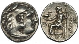 MACEDONIA. A nombre de Alejandro III. Dracma. Magnesia (305-297 a.C.). R/ Delante del trono cabeza de león, debajo monograma y detrás E. AR 4,27 g. PRC-1991. MBC+.