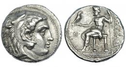 MACEDONIA. Alejandro III. Tetradracma. Sidón (321-320). R/ Delante del trono N, debajo SI. AR 16,90 g. PRC-3501. Ligeras erosiones en rev. MBC+. 