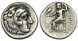 MACEDONIA. Filipo III. Dracma. Abidos (323-317 a.C.). R/ Delante del trono estrella y debajo monograma. AR-4,13 g. PRC-P18-. MBC-/BC+.