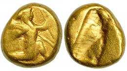 PERSIA. Reyes Aqueménidas (Jerjes II a Artajerjes II). Dárico (420-373). A/ Rey persa o héroe arrodillado a der. con lanza y arco. R/ Punzón incuso. AU 8,36 g. COP-274-277. SBG-4679. BC+. Muy escasa.