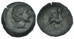 CASTULO. Doble. A/ Cabeza masculina con ínfulas a der. R/ Esfinge a der.; delante estrella, debajo ley. ibérica KaSTiLO. CNH-1. I-694. ACIP-2105. AE 21,21 g. Pequeña grieta. Pátina verde. MBC. Muy escasa.