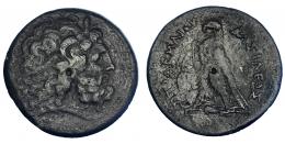 EGIPTO. Ptolomeo IV? (221-205 a.C.). AE-42. A/ Cabeza de Zeus-Amón a der. R/ Águila sobre haz de rayos a izq., delante cornucopia; entre las patas símbolo o letra poco visible; PTOLOMEOY BASILEOS. Ae 65,55 g. COP-219 ss. SBG-7841 vte. MBC-/BC+.