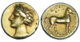 ZEUGITANIA. Cartago. Estátera de electro. A/ Cabeza de Tanit a izq. con tocado vegetal, pendientes y collar. R/ Caballo parado sobre línea a der. EL 7,25 g.  J-299. Porosidades. MBC-/MBC. 