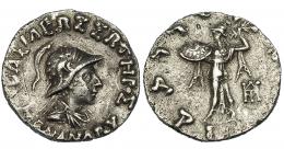 BACTRIA. Menandro I. Dracma (165-130). A/ Busto acorazado y drapeado con casco a der.; alr. ley. griega BASILEWS SWTEROS MENANDROU. R/ Atenea a izq. con escudo y haz de rayos, detrás monograma; ley. karoshti. AR 2,43 g. SBG-7597. Pequeñas marcas. MBC.