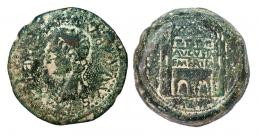 EMERITA. Dupondio. Tiberio. A/ Cabeza de Augusto radiada a izq.; DIVVS (AVG PATER CAE). R/ Recinto amurallado; AVGVSTA EMERITA. AE 27,89 g. RPC-30. APRH-30a. ACIP-3395. CC-3924, mismo ejemplar. Pátina verdosa. BC-/BC+. Muy escasa.