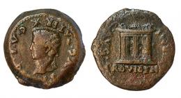 EMERITA. As. Tiberio. A/ Cabeza de Augusto radiada a izq., encima estrella; DIVVS AVG PATER CAE. R/ Altar; PERMI AVG-PROVIDENT. AE 12,89 g. RPC-36. APRH-36. ACIP-3401. CC-3934, mismo ejemplar. Pátina marrón. MBC-/BC+. Rara.