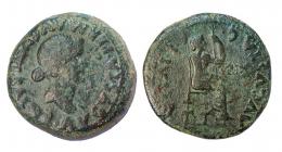 EMERITA. Dupondio. Tiberio. A/ Cabeza de Livia a der.; PERM AVGVSTI SALVS AVGVSTA. R/ Livia sentada a der. con cetro y espigas; C A E IVLIA AVGVSTA. AE 26,34 g. RPC-39. APRH-39. ACIP-3405. CC-3940, mismo ejemplar. Pátina verde. BC+/BC. Muy escasa.