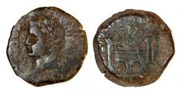 EMERITA. As. Tiberio. A/ Cabeza laureada a izq.; (TI CAESAR AVG) PONT (nexada) MAX IMP. R/ Recinto amurallado; (COL AVG)VSTA EMERITA. AE 10,43 g. RPC-42. APRH-42c vte. sin V-X en rev. ACIP-3408b vte. CC-3948, mismo ejemplar corr. Pátina oscura. BC+/MBC-. 