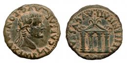 EMERITA. As. Tiberio. A/ Cabeza laureada a der.; TI CAESAR AVG PON MAX IMP. R/ Templo tetrástilo; AETERNITATI-AVGVSTAE/CAE. AE 10,00 g. RPC-48. APRH-48b. ACIP-3414a. CC-3960, mismo ejemplar. Bonita pátina verde. MBC+. Muy escasa.