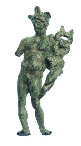 ROMA. Imperio Romano. Figura de Mercurio (I-II d.C.). Bronce. Sujeta caduceo. Altura 6,7 cm. Un brazo fracturado.