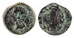 EBORA. As. Augusto. A/ Cabeza a izq.; (PERM CAES)- AVG P M. Contramarca DD. R/ Láurea rodeando LIBERAL/ITATIS//IVLIAE/EBOR. AE 10,25 g. RPC-51. APRH-51c. ACIP-3418b. CC-3971, mismo ejemplar. Pátina verde oscura. BC+/B-C.