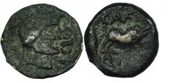 CASTULO. Cuadrante. A/ Cabeza masculina laureada y con ínfulas a der.; AP CLO. R/ Jabalí a der., encima C. AVF, bajo línea A.P(OS). AE 2,52 g. CNH-58. I-744. ACIP-2162. BC/BC+. Rara.