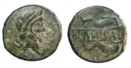 SALACIA. As. Segunda mitad s. I a.C. A/ Cabeza de Neptuno a der., detrás tridente. R/ Dos delfines a der., en medio entre líneas IMP SAL. AE 11,91 g. RPC-S51A. APRH-51Aa. ACIP-988. CC-3975, mismo ejemplar. Pátina verde. BC+. Muy escasa. 