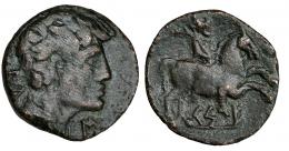 KESE. As. A/ Cabeza masculina a der. con manto, detrás signos ibéricos IL, delante S. R/ Jinete con palma a der., debajo sobre línea KeS-E. AE 7,9 g. CNH-95. I-2295. ACIP-1210. MBC-.