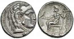 MACEDONIA. ALEJANDRO III. Tetradracma. Biblos (c. 330-320 a.C.). R/ Delante del trono monograma AP. AR 16,98 g. PRC-3426. MBC+.