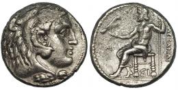 MACEDONIA. ALEJANDRO III. Tetradracma. Sidón (c. 322-321 a.C.). R/ Delante del trono M, debajo SI. AR 16,71 g. PRC-3498. Leves erosiones. MBC+/MBC-.