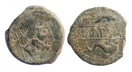 SALACIA. As. Segunda mitad s. I a.C. A/ Cabeza de Neptuno a der., detrás tridente. R/ Dos delfines a der., en medio entre líneas IMP SAL. AE 13,39  g. RPC-S51A. APRH-51Aa. ACIP-988. CC-3976, mismo ejemplar. Pátina verde. MBC-. Muy escasa. 