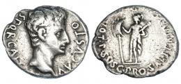 AUGUSTO. Denario. Colonia Patricia (18-16 a.C.). R/ Marte a izq. RIC-148. FFC-220. Oxidaciones limpiadas. MBC-/BC+.