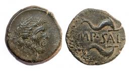 SALACIA. As. Segunda mitad s. I a.C. A/ Cabeza de Neptuno a der., detrás tridente. R/ Dos delfines a der., en medio entre líneas IMP SAL. AE 7,61 g. RPC-S51A. APRH-51Aa, mismo ejemplar ilustrado. ACIP-989. CC-3977, mismo ejemplar. Pátina verde. MBC. Muy escasa. 