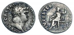 NERÓN. Denario. Roma (64-68 d.C.). R/ Júpiter entronizado a izq.; IVPPITER CVSTOS. RIC-53. Golpes en anv. MBC/MBC-.