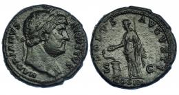 ADRIANO. As. Roma (125-127). R/ Salus a izq. alimentando serpiente sobre altar; SALVS AVGVSTI, S-C, exergo COS III. RIC-828. Pátina verde. MBC-.