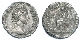 CÓMODO. Denario. Roma (179). R/  Victoria sentada a izq. con pátera y palma; TR P IIII IMP III COS II P P. RIC-666. MBC-.
