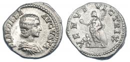 PLAUTILA. Denario. Roma (202-205). R/ Venus a izq. con manzana y palma, delante Cupido; VENVS VICTRIX. RIC-369. MBC-/MBC.