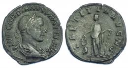 GORDIANO III. Sestercio. Roma (241-244). R/ Laetitia a izq. con corona y ancla; LAETITIA AVG N, S-C. RIC-300. Pátina oscura. MBC-.