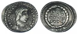 CONSTANCIO II. Silicua. Lugdunum (360-363). R/ VOTIS/XXX/MVLTIS/XXXX, exergo LVG. RIC-216. Leves oxidaciones. MBC-/MBC.