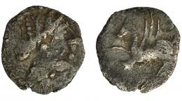 Divisores de imitación ampuritana. Tetartemorion. A/ Cabeza femenina a der. R/ Pegaso volando a izq. AR 0,21 g. CNH-162. ACIP-513. CC-922, mismo ejemplar. BC. Muy rara.