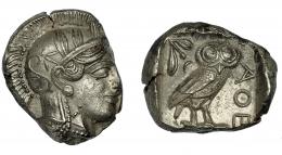 ÁTICA. Atenas. Tetradracma (454-450 a.C.). A/ Cabeza de Atenea a der. R/ Lechuza dentro de cuadrado incuso, delante AQE. AR 16,99 g. 26,1 mm. COP-31 ss. SBG-2526. concreciones. Cospel irregular. EBC.
