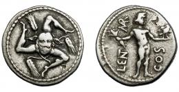 CORNELIA. Denario. Apolonia (Asia, 49 a.C.). A/ Trisqueles con espigas y cabeza de Medusa. R/ Júpiter a der. con fulmen y águila; LENT MARC COS. AR 3,89 g. 17,8 mm. CRAW-445.1b. FFC-645. Dos contramarcas.  MBC/MBC-.