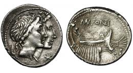 FONTEIA. Denario. Roma (108-107 a.C.). A/ Cabezas de los Dioscuros a der., delante marca X con palo transversal. R/ Galera con timonel a der., encima MV FONTEIA, debajo S:. AR 3,85 g. 19,2 mm. CRAW-307.1. FFC-714. MBC+.