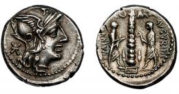 MINUCIA. Denario. Roma (134 a.C.). R/ Columna en espiral flanqueada por dos figuras togadas con instrumentos sacerdotales; TI MVNICI(F) AVGVRINI, RO-MA. AR 3,98 g. 19,3 mm. CRAW-243.1. FFC-925. MBC+.