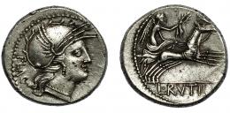 RUTILIA. Denario. Roma (77 a.C.). R/ Victoria en biga a der.; L. RVTILI. AR 3,20 g. 17,3 mm. CRAW-387.1. FFC-1095. Oxidaciones y pequeñas marcas. MBC+.