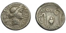 JULIO CÉSAR. Denario. ¿África? (46 a.C.). A/ Cabeza de Ceres a der.; COS TERT DIC ITER. R/ Instrumentos sacerdotales; AVGVR PONT MAX D. AR 3,62 g. 17,2 mm. CRAW-467.1. FFC-3. contramarcas y pequeñas erosiones. MBC-/MBC. Rara.