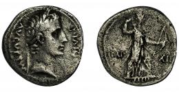 AUGUSTO. Denario. Lugdunum (11-10 a.C.). R/ Diana, avanzando a der. con arco y carcaj; IMP-XII, exergo SICIL. AR 3,55 g. 19,1 m. RIC-197a. FFC-130.  Superficies erosionadas. MBC-. Escasa.
